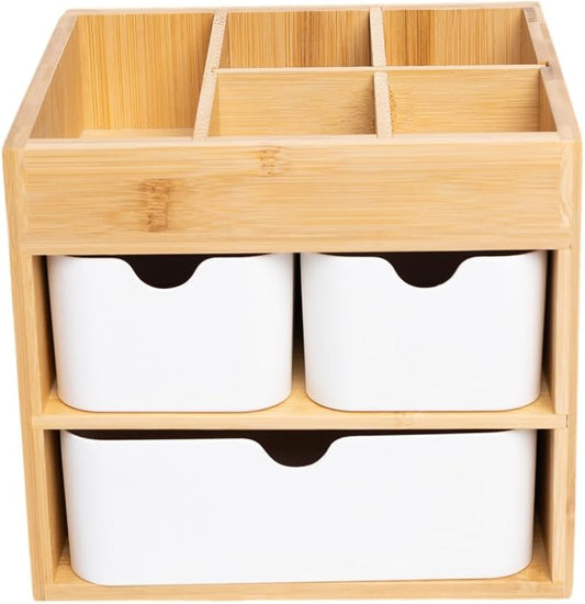 Small Bamboo Makeup Organizer（5.7" D x 8" W x 7.5" H） | Dresser Cosmetic Organizer Box Bamboo Desk Organizer for Home, Adjustable Dividers 3 Drawers