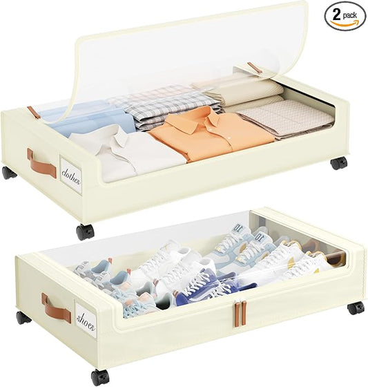 Yecaye Under Bed Storage with Wheels, 2 Pack Under the Bed Storage Containers with Lids & Label, XXL 60 L Rolling Underbed Storage Drawers for Clothes, Blankets, Shoes, Beige