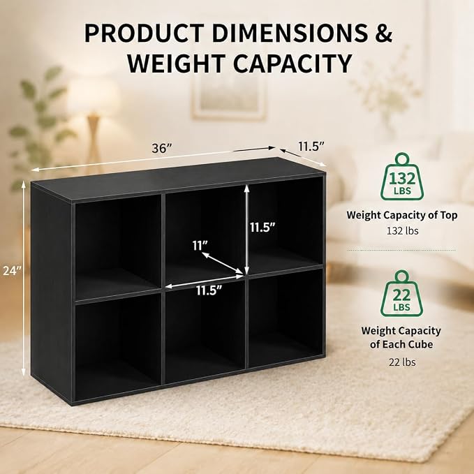 POWERSTONE 6 Cube Storage Organizer, Open Cube Bookshelf with Back Panels, Modern Display Cubby Bookcase for Bedroom Living Room Home Office, Black