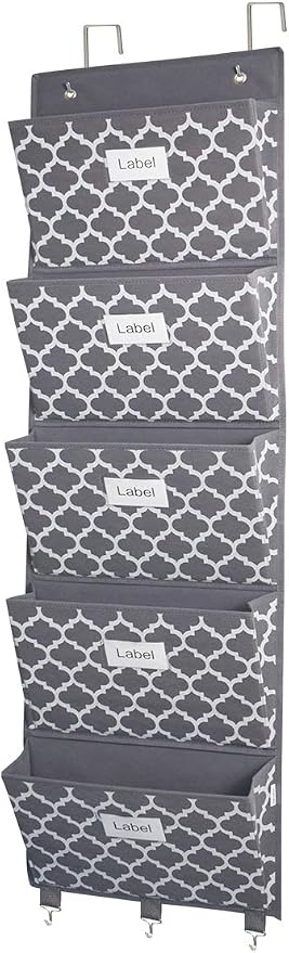 Over the Door File Organizer, Hanging File Folders, Wall Organizers and Storage for Mail, Magazine, Notebooks, Planners, Office, Classroom, 5 Extra Large Pockets (Grey Lantern Pattern)