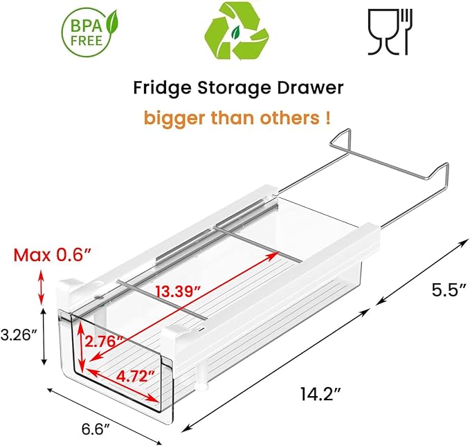 Fridge Organizer Drawer, Clear Plastic Fridge Organizer Bins, Add on Refrigerator Drawer,Fridge Storage Container Under Shelf Holder for Fruit, Vegetable, Meat, Cheese, Easy to Install-M