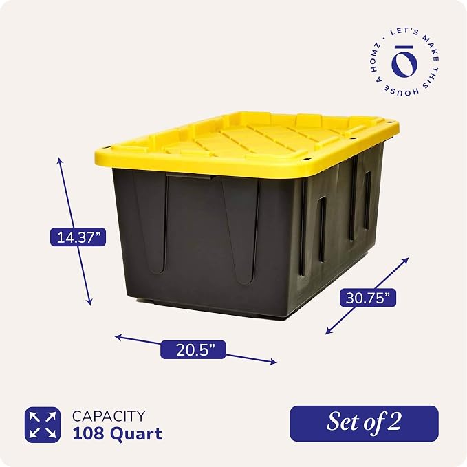 HOMZ Durabilt Plastic Storage Bins with Lids, 27 Gal, Black/Yellow, 2 Pack | Heavy-Duty Large Stackable Container Boxes for Home, Attic, and Garage Organization