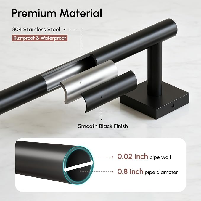 Matte Black Towel Bar, 24 Inch Towel Racks for Bathroom | Thicken 304 Stainless Steel Towel Holder with Square Base, Towel Rod Wall Mounted, Modern Home Decor (Total Length 26 Inch)