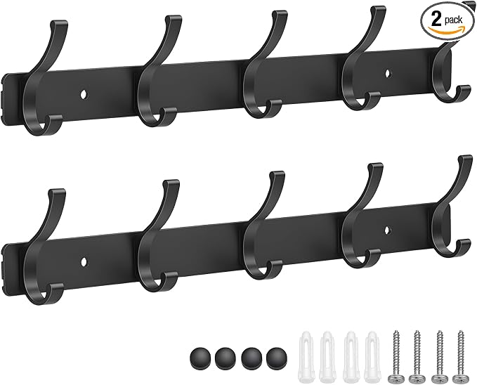 Wall Mount Coat Rack 2 Pack, Black Coat Hooks Hanger with 5 Double Hooks | Zinc Alloy, Smooth Hook Edges, Screw Installation, Double Hooks，Greater Storage Space for Hanging Robes, Clothes, Bags, Hat