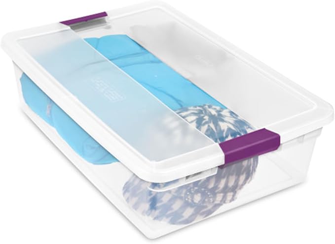 Sterilite ClearView Latch Boxes, Storage Bins with Lids, 32 Quart, 18-Pack | Clear Plastic Organizers with Color Accent Latches for Closet, Bedroom, Shelving Units, Dorm Room and Home Organization