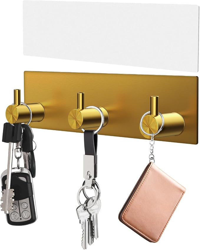 VIS'V Key Holder Wall Mount, Small Adhesive Key Hanger with 3 Hooks, Gold | Metal Material, No Drilling, Extra Adhesive Strip, Suitable for Entryway, Hallway, Doorway, Kitchen, Garage, Camper