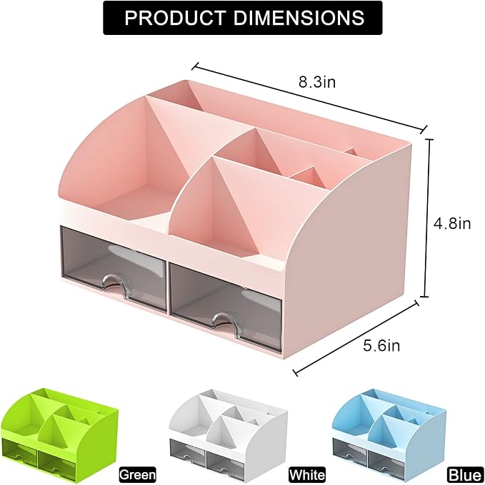 COMFYROOM Desk Organizer with 6 Compartments and 2 Drawers, Plastic Makeup Organizer, Pen Holder for Desktop Storage, Desk Organization for School, Home, Office Supplies (Pink)