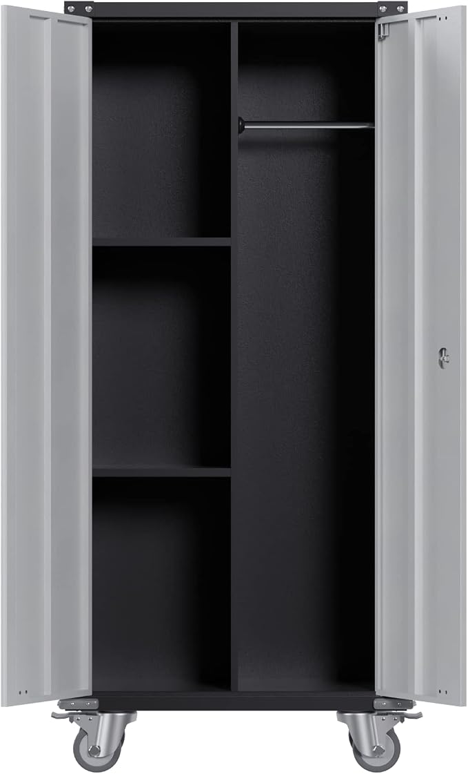 GarveeHome Metal Locker Storage Cabinet with Wheels 71" H with Doors and 2 Shelves Adjustable 4 Adjustable Feet for Home, Garage, Office, Shop