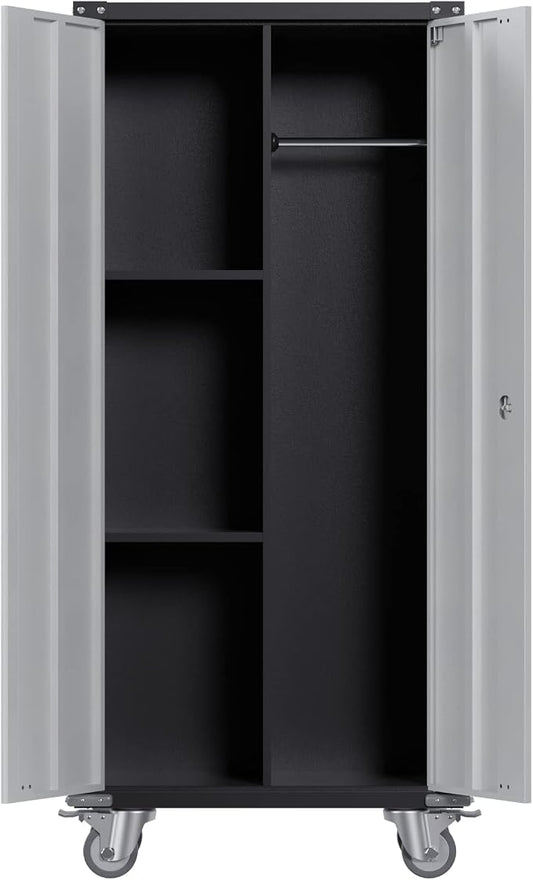GarveeHome Metal Locker Storage Cabinet with Wheels 71" H with Doors and 2 Shelves Adjustable 4 Adjustable Feet for Home, Garage, Office, Shop