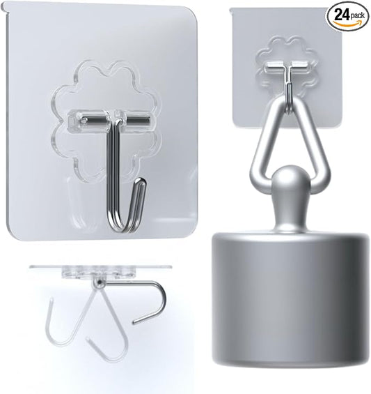 DDMY Adhesive Wall Hooks Heavy Duty 50LB Clear Hook 24 Pack for Hanging | Upgrade Sticky Hooks Hanging 50lb(Max) Transparent Reusable Waterproof No Drill for Kitchen Towel Bathroom Coat No Damage