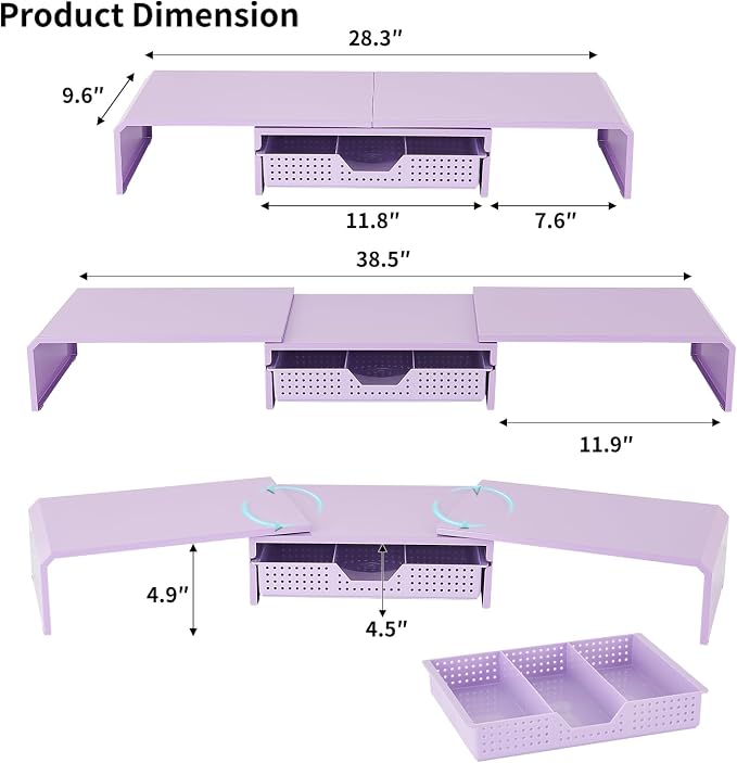 LEKETREE Dual Monitor Stand Riser with Drawer, Desk Organizer and Accessories, Metal Laptop Stand for Desk, Workspace Desktop Stand for Computer, Laptop, TV and More (Purple)