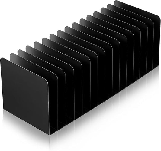 Suzile Metal Desktop File Organizer, 15 Compartments, Vertical File Sorter, Black, 5.79 W x 15.75 L x 5.41 H, Office, Reception Areas, Workspace