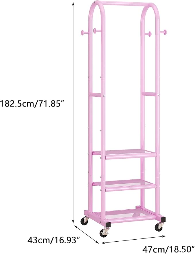 Dttwacoyh Clothing Rack with Wheels,Narrow Metal Garment Rack,Pink | Easy to install, 71.8 Inches Display Rack with 4 Side Hooks & 3 Shelves,for Small Flats, Bedroom, Entryway,Pink Clothes Rack