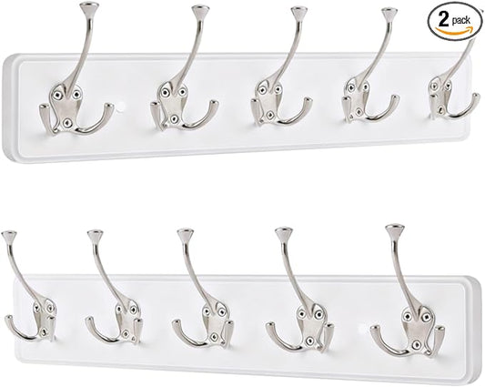 IBosins 2 Pack White Coat Rack Wall Mount, 17" Long with 5 Tri-Hooks | Wall Mounted Heavy Duty Metal Coat Hook Rail for Entryway, Closet, Bathroom, Coat, Jacket, Scarf, Towel, Hat