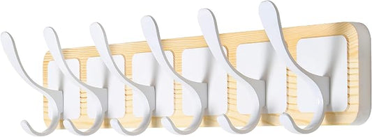 SKOLOO Scandi-Style Wooden Carved-Block Coat Hook & Hanger - Wall Mount with 6 Hooks for Clothing & Accessories, Natural & White