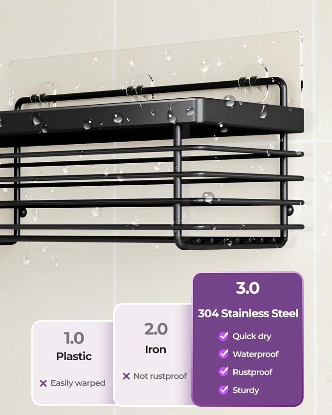 ODesign Shower Shelves Adhesive 3 Pack Stainless Steel Storage Shelve-Black | No drilling wall mounted,rust-resistant,large capacity,quick drainage,easy to clean,suitable for bathrooms and kitchens