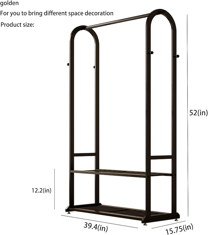 Sturdy metal clothes rack,Black freestanding clothing rack with bottom shelves and 6 side hooks,garment rack for hanging clothes,Modern wardrobe rack for Bedroom or cloakrooms