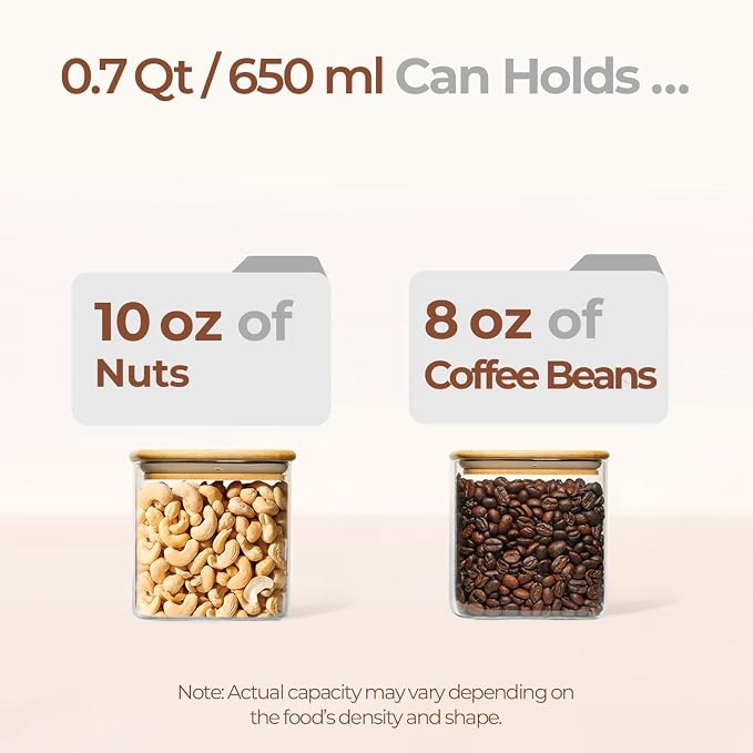 ComSaf Square Glass Containers with Lids 0.7 Qt, Set of 6 Pantry Galss Jars | Glass Storage Containers with Lids, Small Canisters, Spice Jar, Bamboo Lid with Silicone Seal, Size For Subpackage, BPA Free