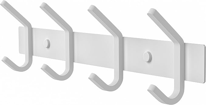 White Coat Rack Wall Mount – 12 Inch Stainless Steel Hook Rail with 4 Heavy Duty Double Coat Hooks – Wall Mounted Coat Hanger for Entryway, Bathroom, Bedroom, Towel, Hat Organizer