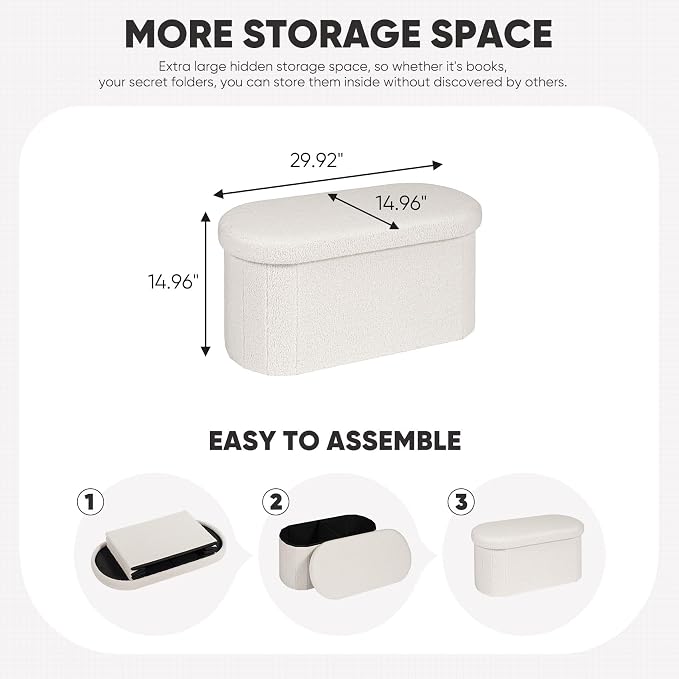 B FSOBEIIALEO Ottoman with Storage for Living Room, Sherpa Folding Storage Ottoman Foot Rest, 30 Inches Collapsible Bedroom Bench White Cream