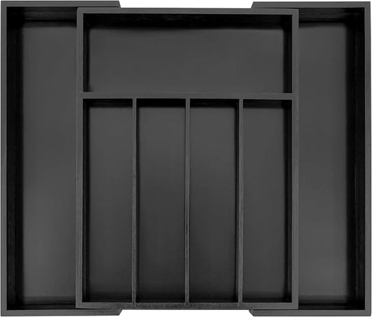 VaeFae Bamboo Drawer Organizer, Medium, Black | Wooden Utensil Holder for Forks Knives, 38 cm D x 29.2-45.7 cm W, 5-7 Slots, Black