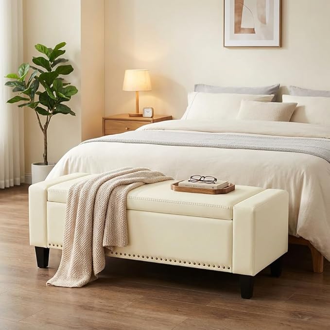 AKMAKM 49''W Storage Ottoman Bench, 30 Gallons End of Bed Bench, Faux Leather, Mid Century Modern, Upholstered Bench with Storage and Seat for Entryway, Living Room, Holds up to 350 lb, White