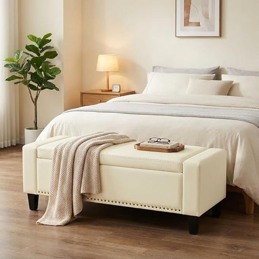 AKMAKM 49''W Storage Ottoman Bench, 30 Gallons End of Bed Bench, Faux Leather, Mid Century Modern, Upholstered Bench with Storage and Seat for Entryway, Living Room, Holds up to 350 lb, White