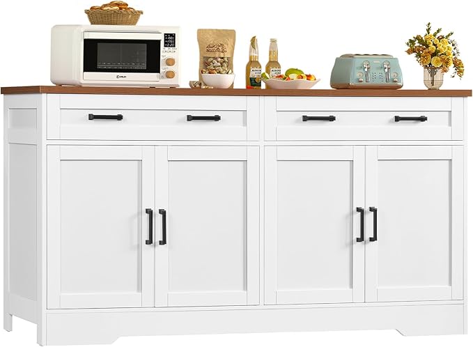 usikey 63" Buffet Cabinet with Storage, Large Sideboard Buffet Cabinet with 2 Adjustable Shelves and 4 Doors, Modern Farmhouse Coffee Bar for Kitchen, Living Room, White