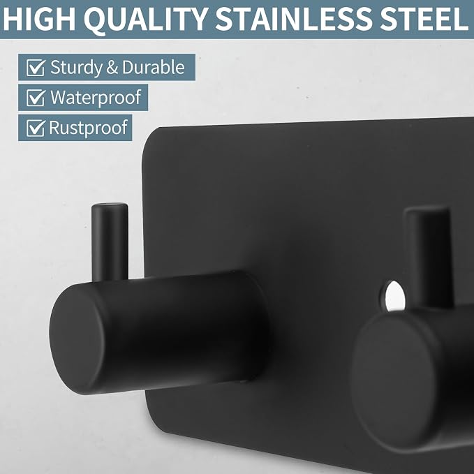 Wall Mount Coat Rack, 5-Hook Metal Towel and Hat Hook, Black | Adhesive Or Screw Mount, Rounded Smooth Hooks, Sturdy Metal, For Towels, Coats, Hats, Bags