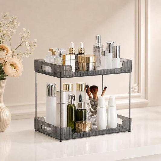 Goderewild 2 Tier Bathroom Counter Organizer, Multi-Purpose Cosmetics Skincare Shelf, Makeup Organizer for Vanity Tray, Countertop Storage Solution for Kitchen and Bath. (Smoky Gray)