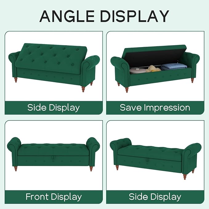 NIOIIKIT 63'' Storage Ottoman Bench Tufted Entryway Bench Dark Green Velvet | Button Tufted End of Bed, Large Storage Space, Rolled Armed Ottoman Couch Long Bench for Bedroom, Living Room, Hallway