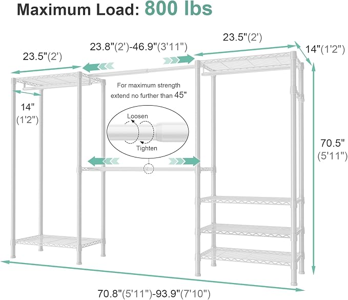 SEMHOR E06 Expandable Heavy Duty Clothes Rack for Reach-in Closet | Freestanding Clothing Racks with Shelves, Carbon Steel Closet Organizer System Adjustable 70.8-93.9", Max Load 800LBS, White