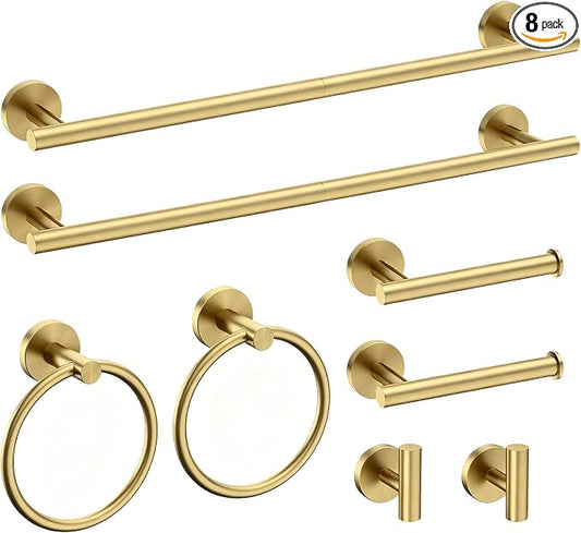 USHOWER 8PCS Brushed Gold Bathroom Hardware Set, 24-Inch Towel Bar Set | Durable SUS304 Stainless Steel Bathroom Accessories Set, Towel Racks for Bathroom Wall Mounted, Modern Home Decor