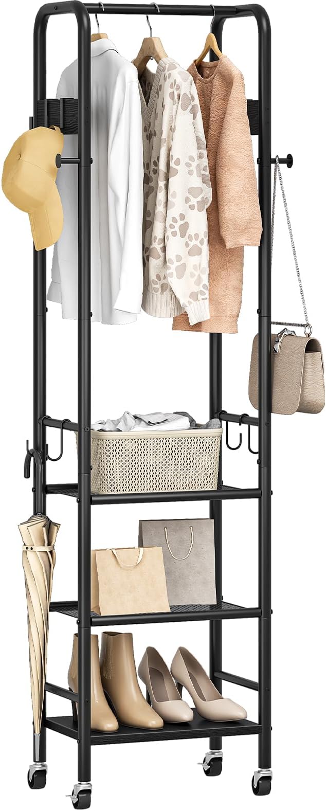 Coat Rack, Freestanding Coat Rack with 3 Shelves, Rolling Garment Rack with Wheels and Hooks, Coat Hanger Stand, Clothes Rack, Hanging Rod, for Entryway, Bedroom, Living Room, Black TYM17BB