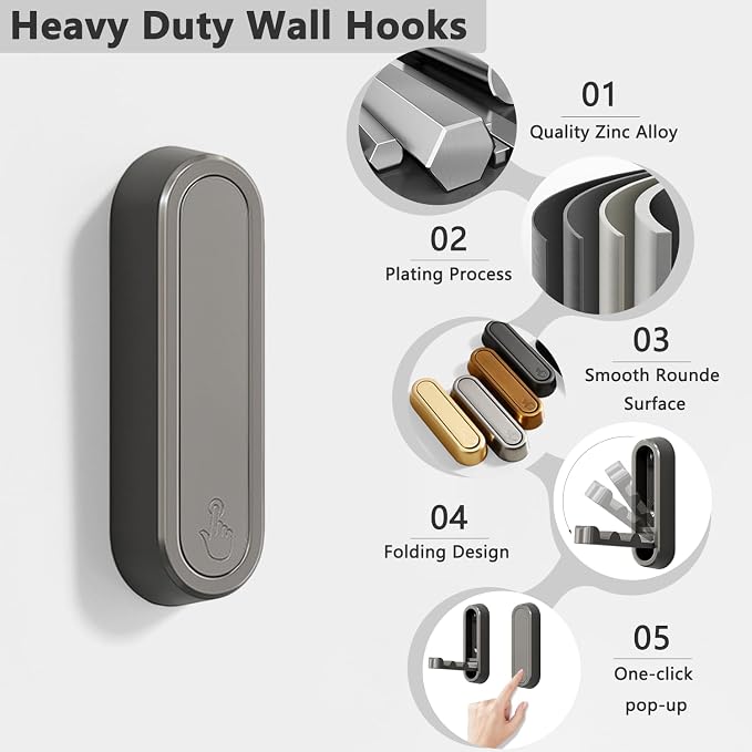 6PCS Foldable Wall Hooks, Zinc Alloy Flip Down Hooks, Retractable Wall Hooks for Bathroom, Entryway, Hanging Coats Hats Bags Keys (Gray)