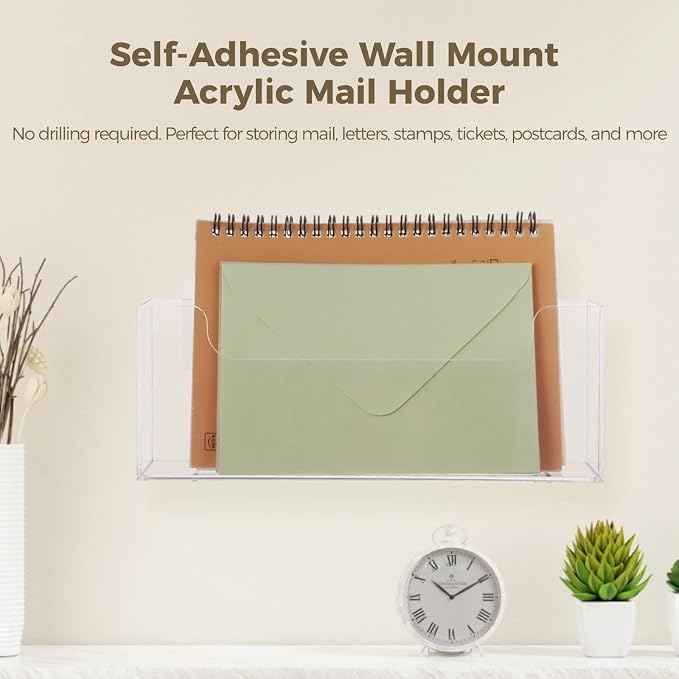 Homaisson Clear Acrylic Mail Holder Box for Desk or Wall Mount, Mail Organizer Countertop, Modern Wall Mounted or Tabletop Mailbox, Letter Storage Organizer Box
