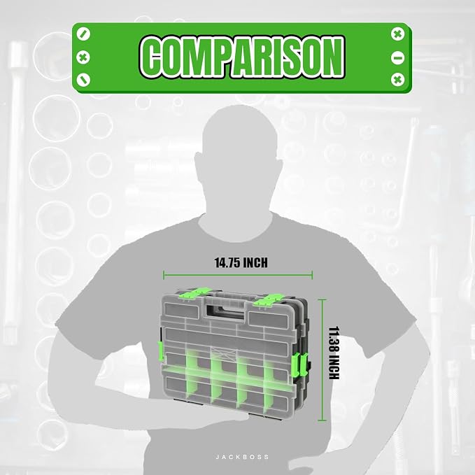Jack Boss Tool Box with Transparent Lid, Single Side 17-Compartments Organizer Box with Removable Dividers for Hardware, Screws, Bolts, Nails, Beads, Jewelry and Fishing Accessories, Green, 2 Pack