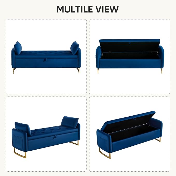 65" Storage Bench for Bedroom, Velvet End of Bed Bench, King Size Bed Benches for Foot with Tufted Button and Gold Legs, Upholstered Window Ottoman Benches with Armrests, Navy Blue