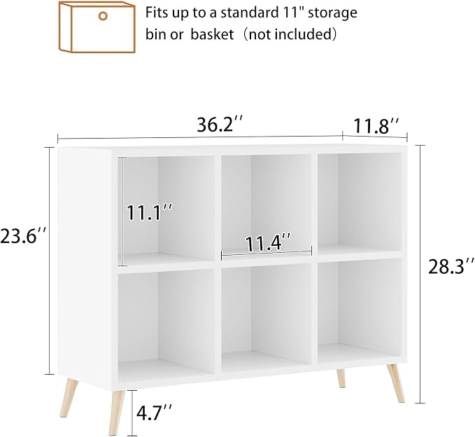 6 Cube Storage Organizer, Wood Bookcase with Legs, Modern Freestanding Cubby Shelving Unit, White Book Shelf Toy Storage Cabinet for Bedroom, Living Room, Kids Room, Fits 11 Inch Bins