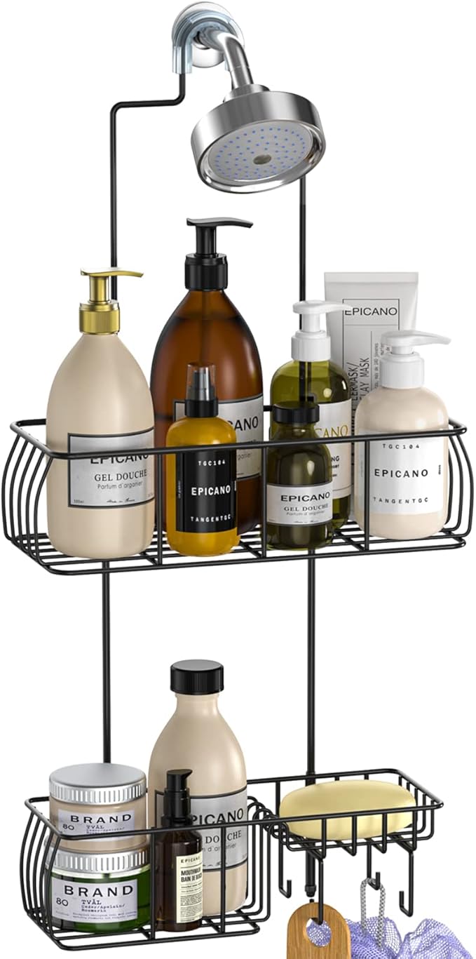 Epicano Shower Caddy Hanging,Large Capacity Shower Organizer,Black | Rustproof,Built-in Soap Dish & 4 Hooks for Loofahs,Suction & Adhesive Install,No Drilling Bathroom Shelves for Inside Shower