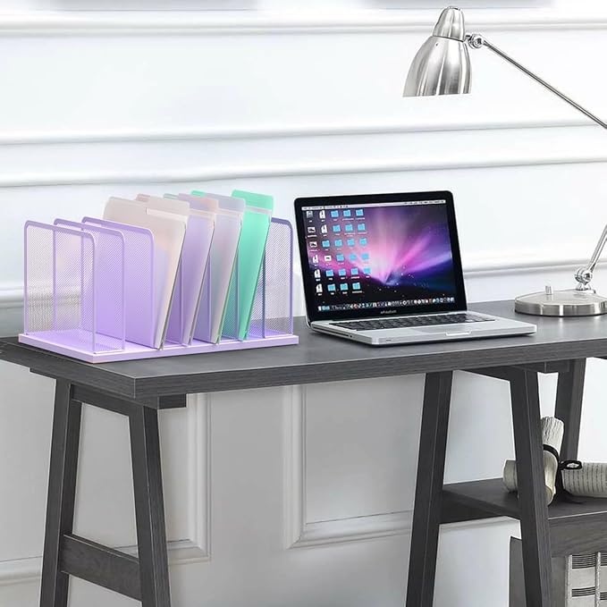 Kuntine.B 7-Section Upright Desk File Organizer Purple 2 Pack | Vertical, Mesh, Metal, Assembly, Stability, Sturdiness, Organization, Standing