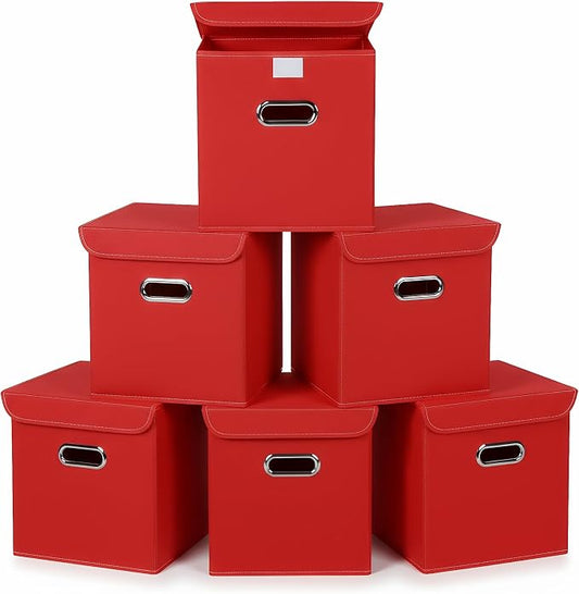 Closet Organizers Fabric Storage Bins With Lids Collapsible Cube Storage Organizer Basket With Handles,Storage Boxes for Clothes Storage,Office,Laundry,Shelves,6 Pack,（Red）