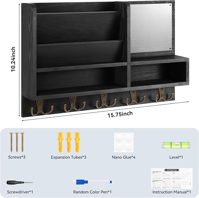 Key Holder Wall Mount, Mail Organizer Wall Mounted, Solid Wood Key Holder for Wall Living Room Entryway Home Decor, with 10 Key Hooks, Shelf, Marker Pen, 15.7" x 10.2" x 2.8"