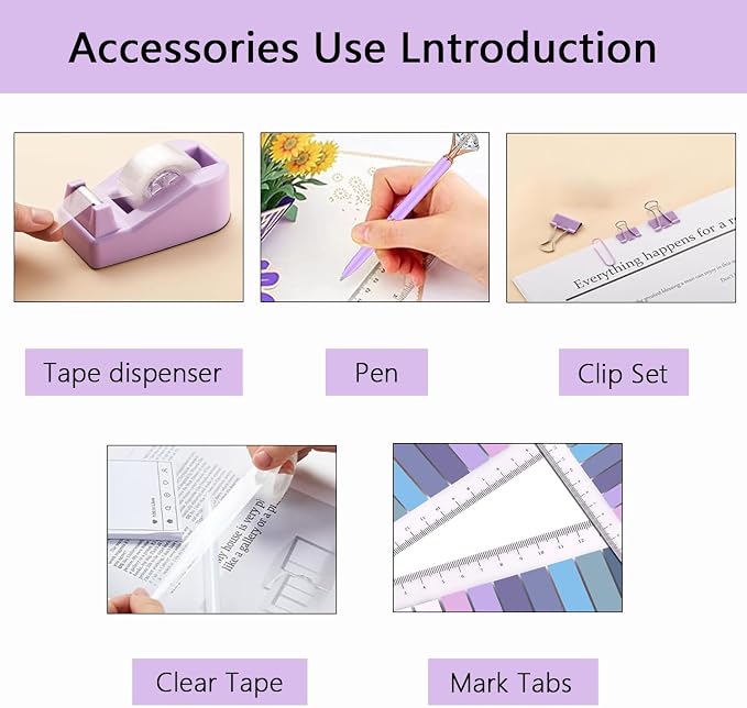 Office Supplies,Purple Desk Accessories,Office Supplies Set,Desk Organizer,Stapler,Tape Dispenser,Scissors,Staple Remover,Binder Clips,Staples,Ballpoint Pen,Index Tabs with Ruler,Clear Tape.10pcs