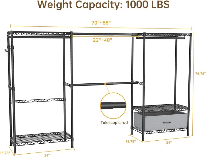 Golpart Heavy Duty Clothing Rack with Adjustable Shelves Clothes Wardrobe | Coat Rack Metal Closet Organizer and Storage Garment Rack for Hanging Clothes Wire Portable Cloth System Free Standing Black