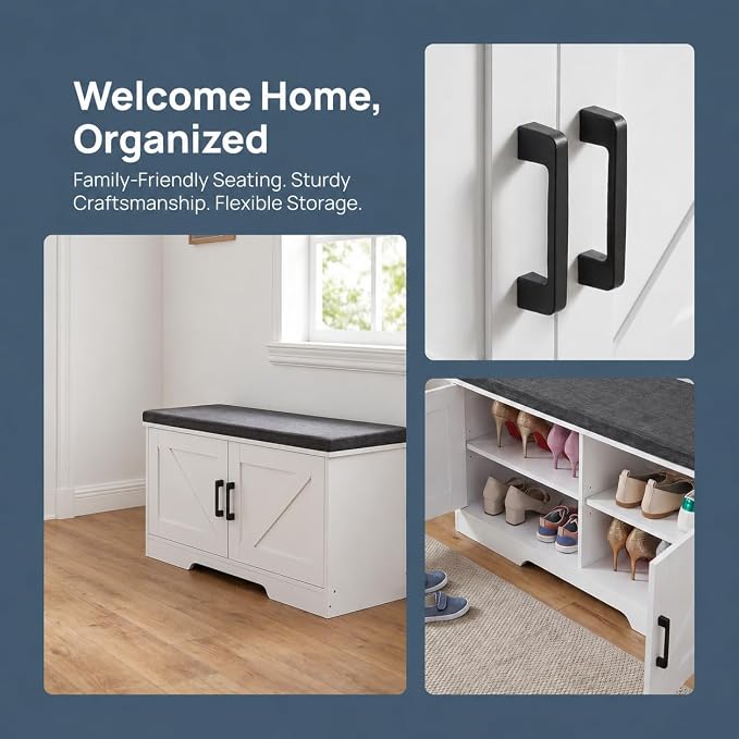 HOMSHO Farmhouse Shoe Storage Bench with 2 Barn Doors & Padded Seat Cushion | 39.4" Wide Entryway Bench with Adjustable Shelves & Hidden Storage, White