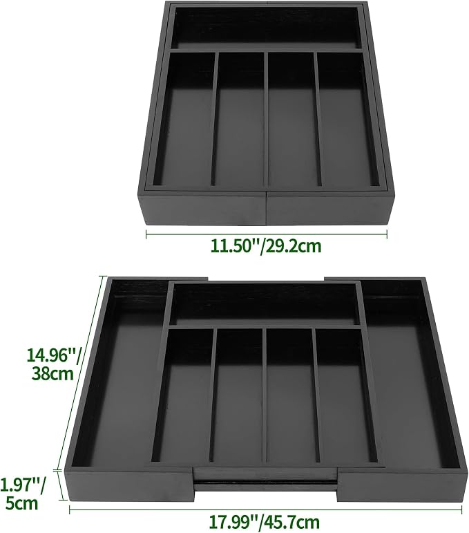 VaeFae Bamboo Drawer Organizer, Medium, Black | Wooden Utensil Holder for Forks Knives, 38 cm D x 29.2-45.7 cm W, 5-7 Slots, Black