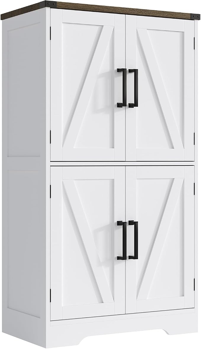 Treocho Farmhouse Bathroom Floor Cabinet with Adjustable Shelves | 11.81"D x 23.62"W x 43.46"H, Freestanding Kitchen Pantry Cabinet, Cupboard for Living Room, Dining Room, White