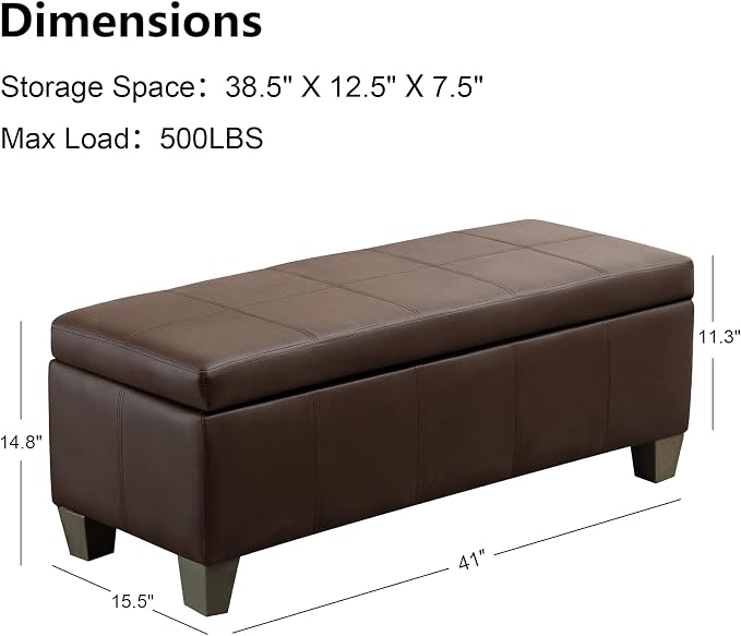 41" Storage Ottoman, Storage Bench with Safety Hinge, Upholstered Synthetic Leather Ottoman Bench for Bedroom, Living Room, Entryway, Hallway, Foot Rest, Support 500lbs, Brown