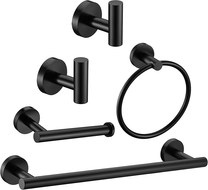 5 Pieces Matte Black Bathroom Hardware Accessories Set Hand Towel Ring 16 inch Towel Bar Toilet Paper Holder Towel Hooks 2 Pieces Round SUS 304 Stainless Steel Heavy Duty Wall Mounted Bathroom Holder